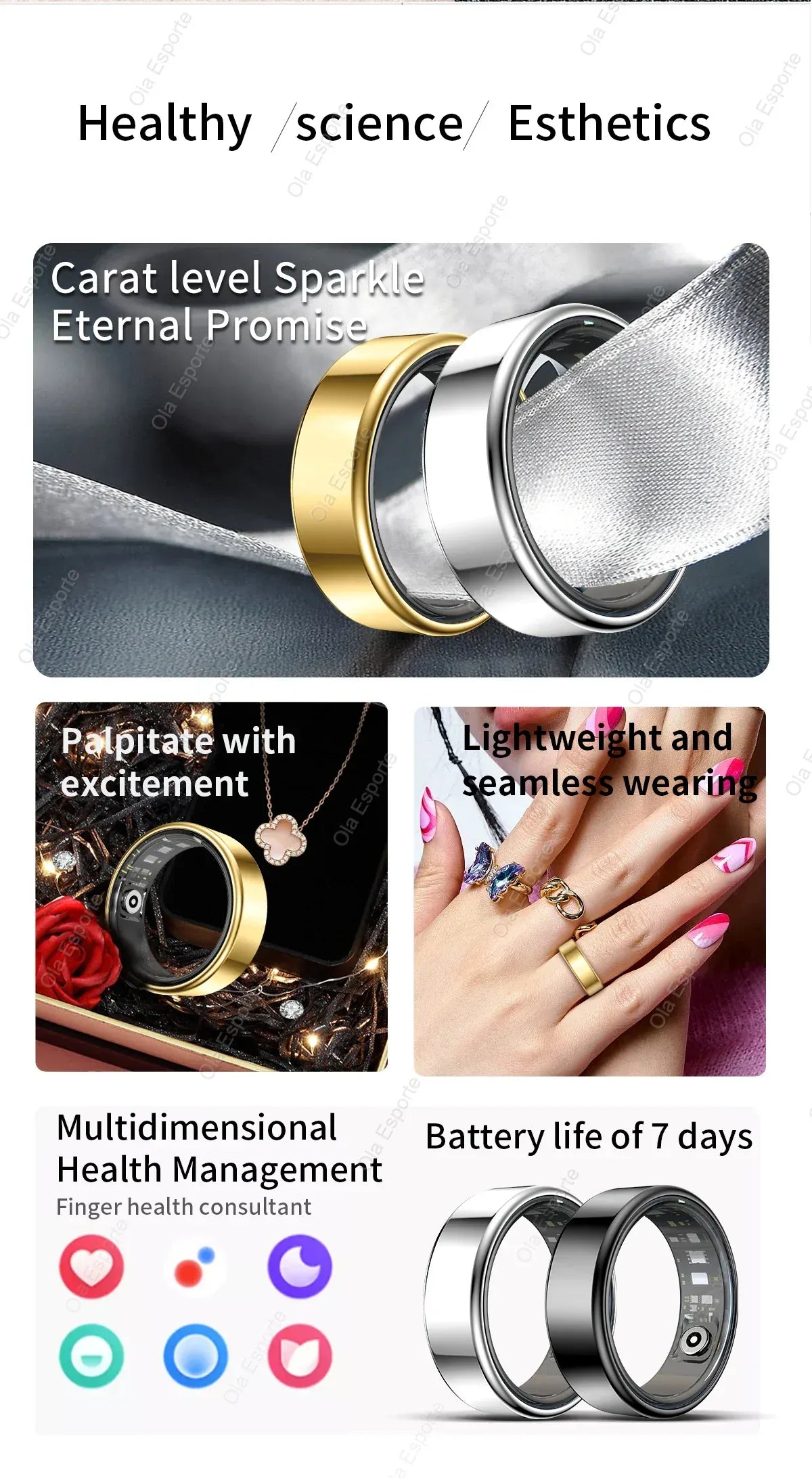 New Smart Ring Men Women, Heart Rate Blood Oxygen and Sleep Monitor Smart ring IP68 & 5ATM Waterproof, Multi-sport Mode Ring